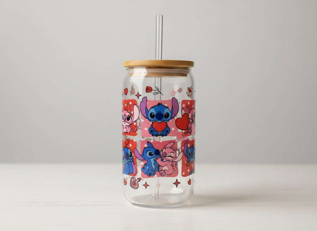 Cartoon Valentine Glass Can Cup | Bamboo Lid & Straw, 16oz