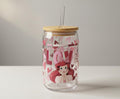 Mermaid Valentine Glass Can Cup | Pink Hearts, Bamboo Lid & Straw
