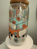 Happy Place Glass Tumbler | Book Lover Iced Coffee Cup with Bamboo Lid