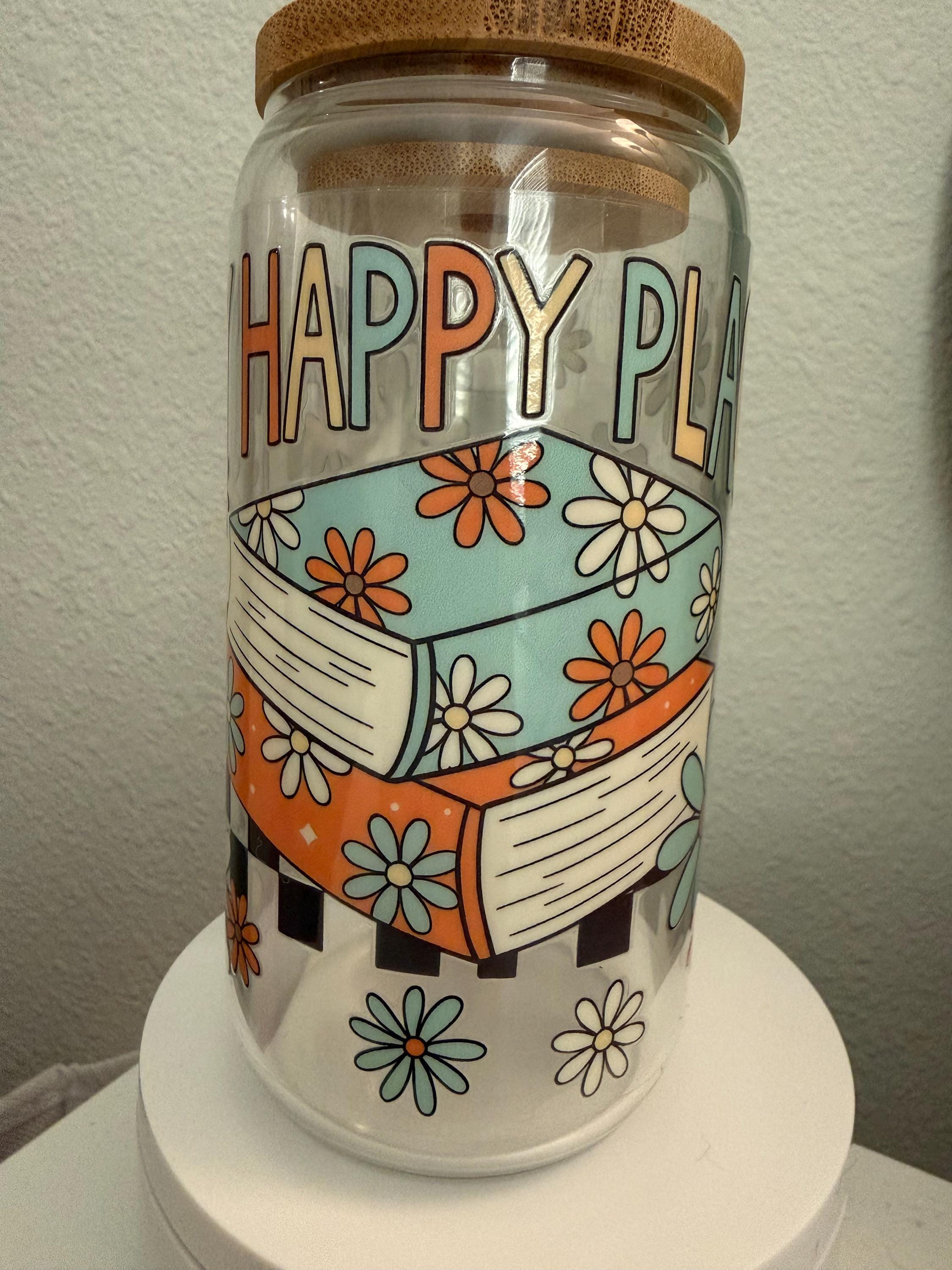 Happy Place Glass Tumbler | Book Lover Iced Coffee Cup with Bamboo Lid
