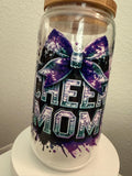 Cheer Mom Glass Tumbler | Sequin Bow, Bamboo Lid (16oz Cold Cup)
