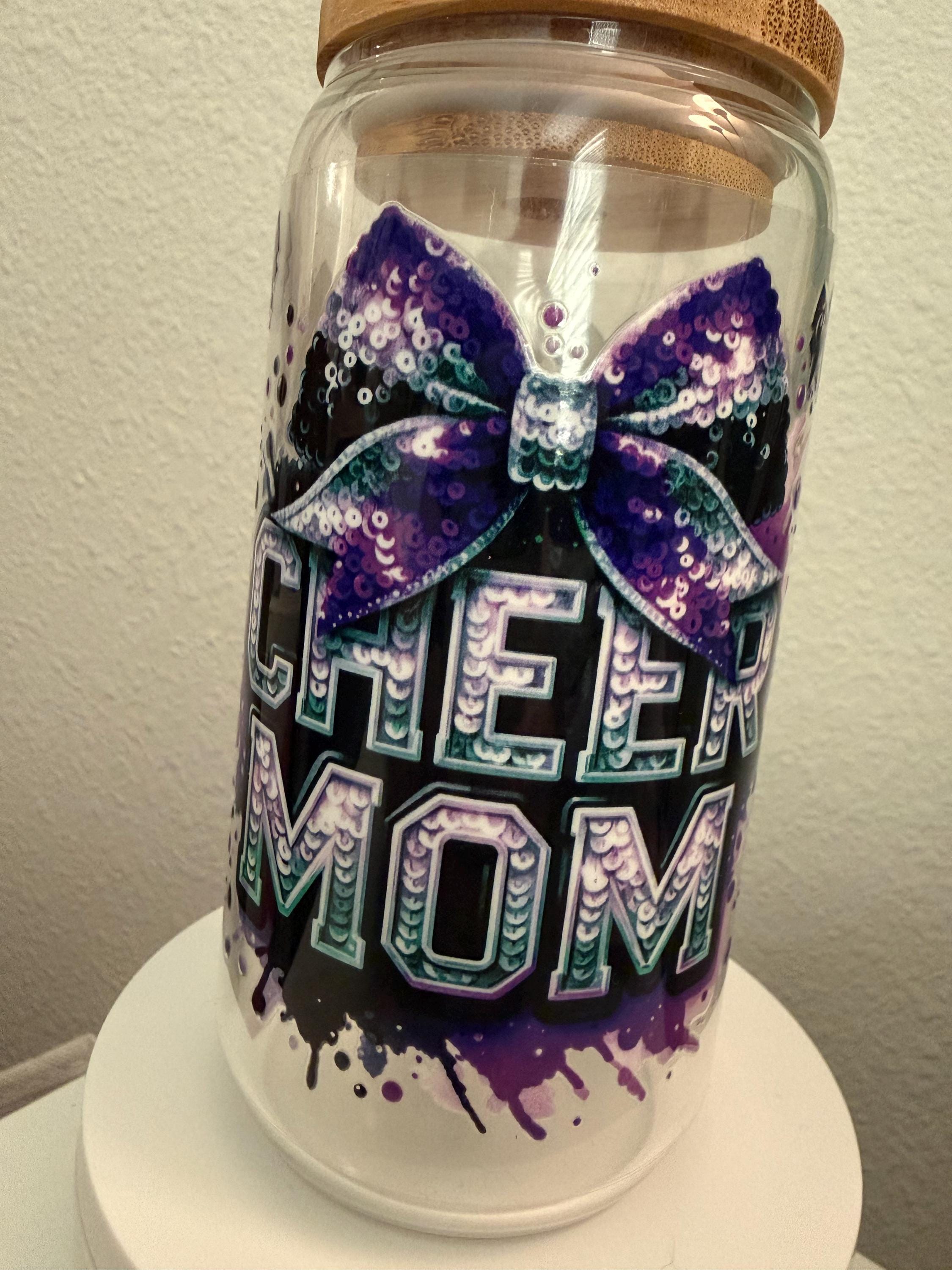 Cheer Mom Glass Tumbler | Sequin Bow, Bamboo Lid (16oz Cold Cup)