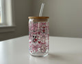 Pink Bow Glass Can Cup | Valentine's Iced Coffee Tumbler with Bamboo Lid & Straw