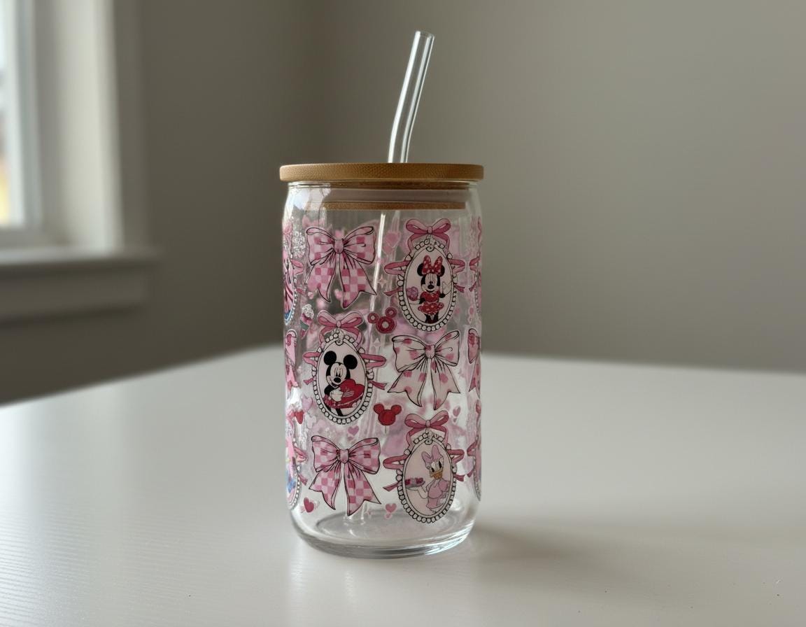 Pink Bow Glass Can Cup | Valentine's Iced Coffee Tumbler with Bamboo Lid & Straw