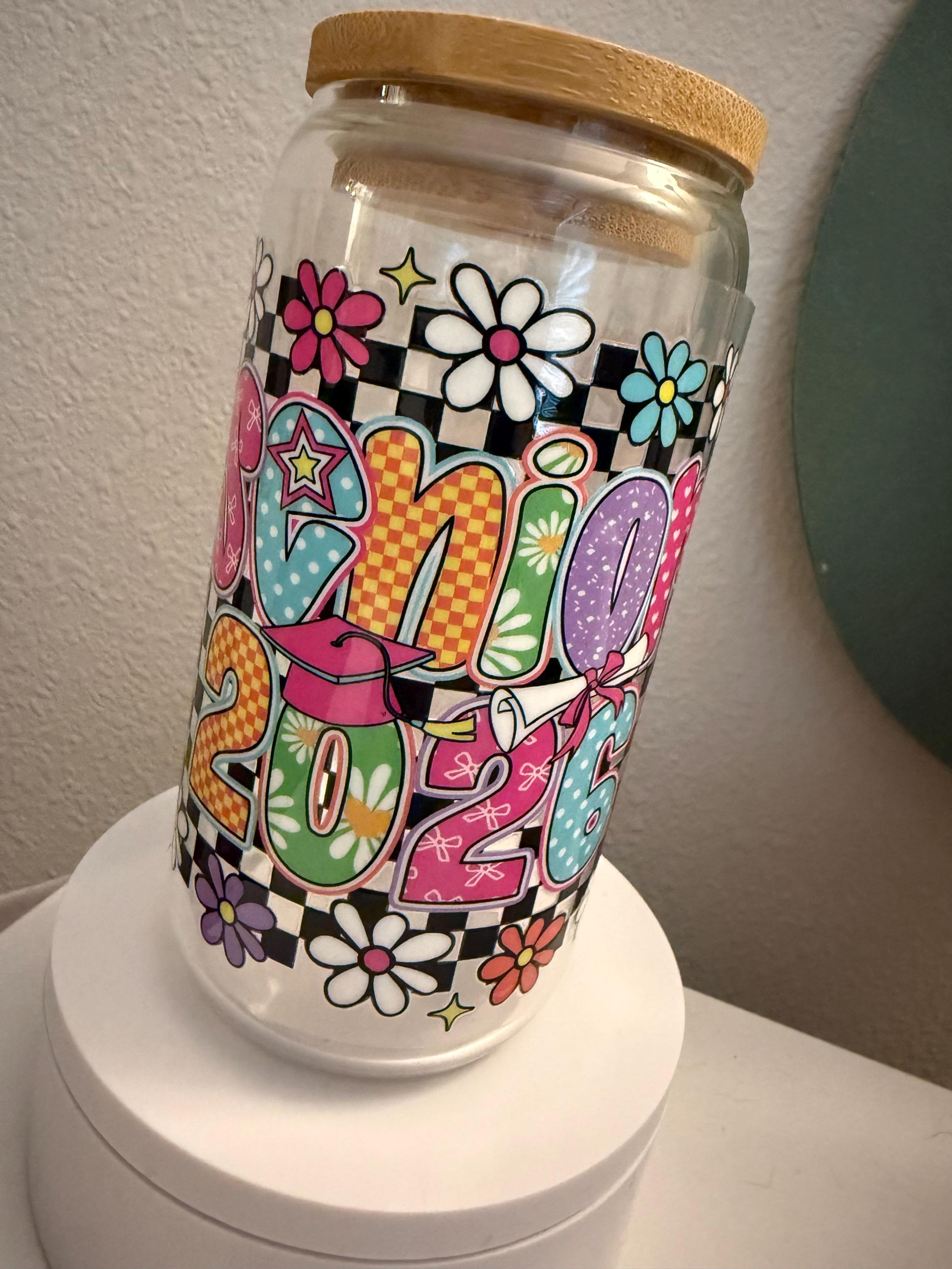 Senior 2026 Glass Cup with Bamboo Lid and Straw | Graduation Gift | Class of 2026| Colorful Floral Grad Decor | Grad Keepsake