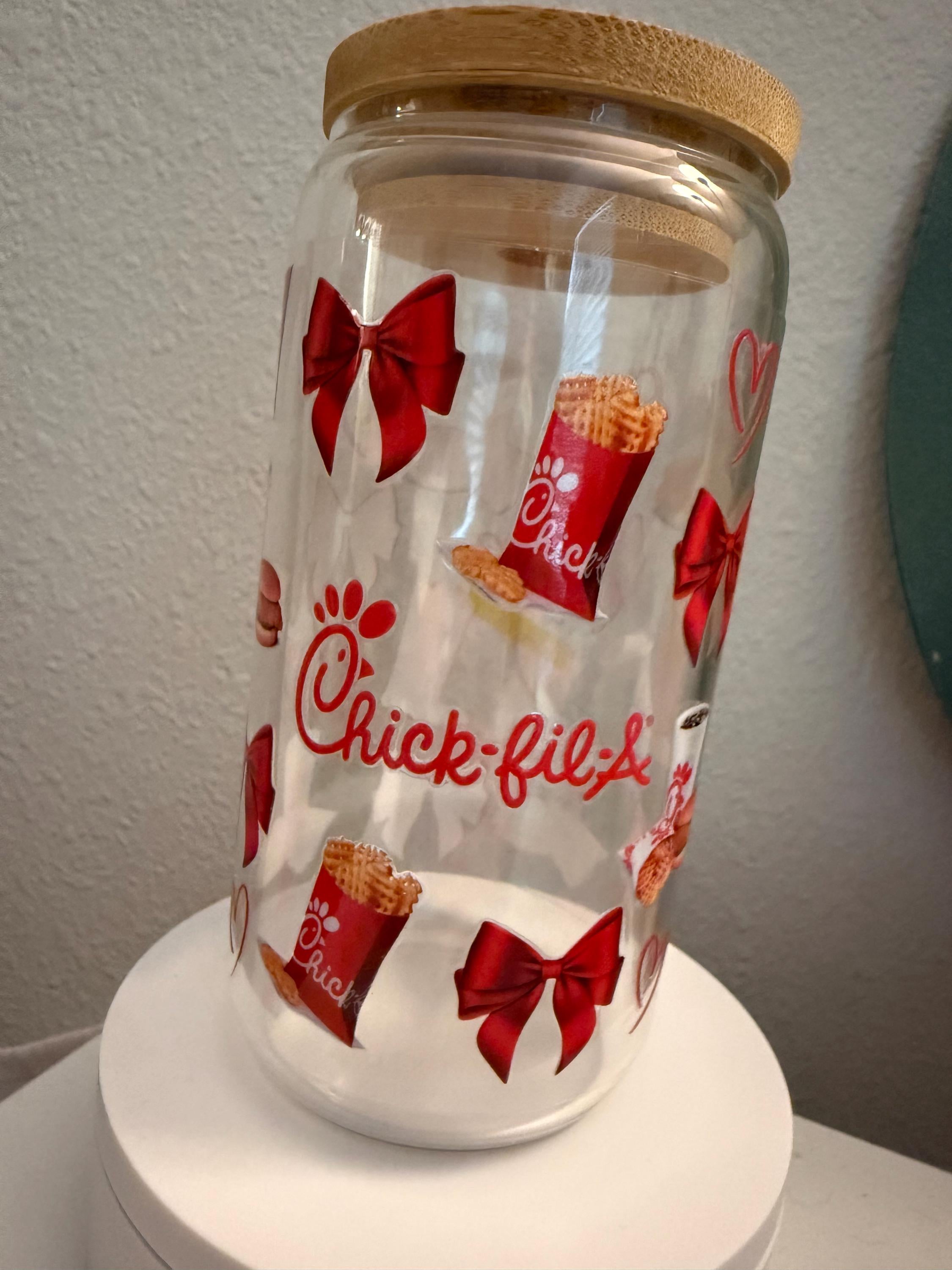 Chicken Fast Food Inspired Glass Cup | Iced Coffee Glass with Bamboo Lid | Cold Drink Cup | Fast Food Aesthetic Tumbler