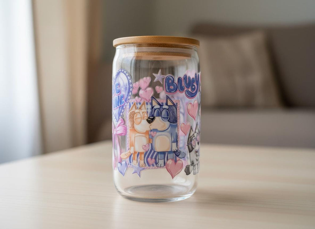 Puppy Love Glass Can Cup | 16oz Tumbler with Bamboo Lid & Straw