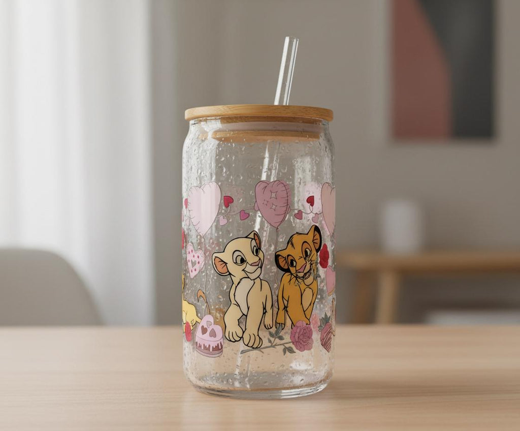 Cartoon Cub Love Glass Can Cup | Bamboo Lid & Straw, Valentine's Day