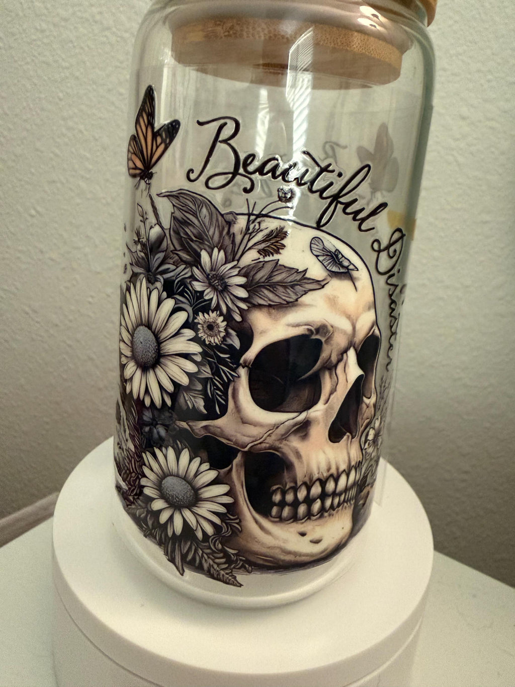 Floral Skull Glass Tumbler | Gothic Iced Coffee Cup with Bamboo Lid