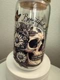 Floral Skull Glass Tumbler | Gothic Iced Coffee Cup with Bamboo Lid