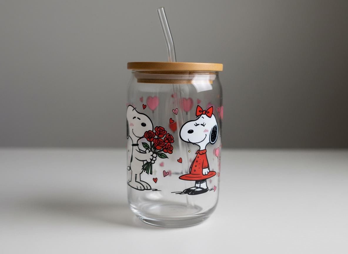 Valentine's Day Glass Can Cup | Cartoon Dog Couple, Bamboo Lid & Straw