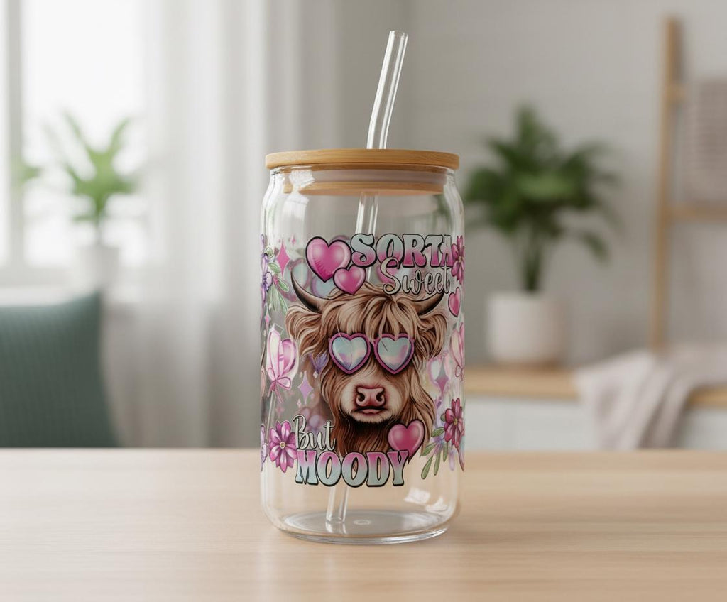 Cow Glass Can Cup | Sorta Sweet But Moody Tumbler with Bamboo Lid & Straw